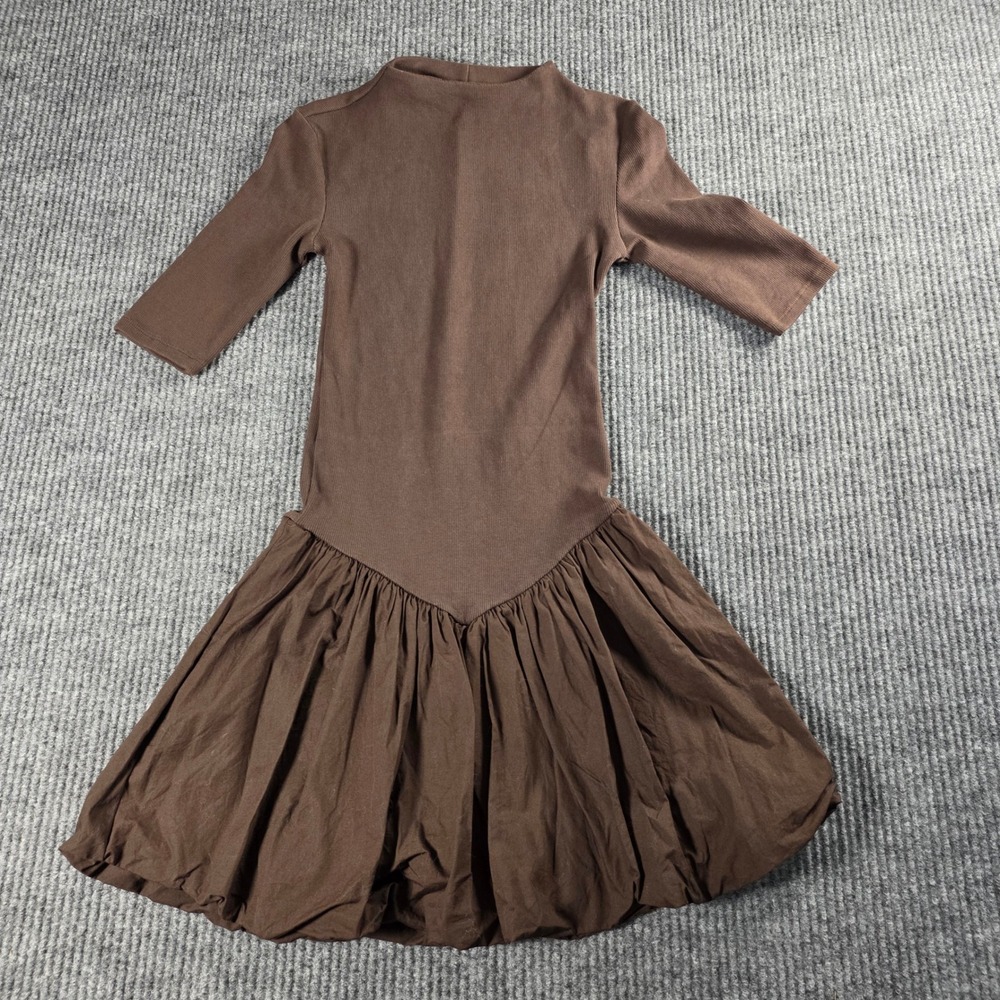 Zara Brown Ribbed Knit Bubble Hem Drop Waist Mini Dress Mock Neck Small
